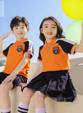 运动风校服红色教师幼稚园T恤夏令营翻领小学生校服新款拍照短裙