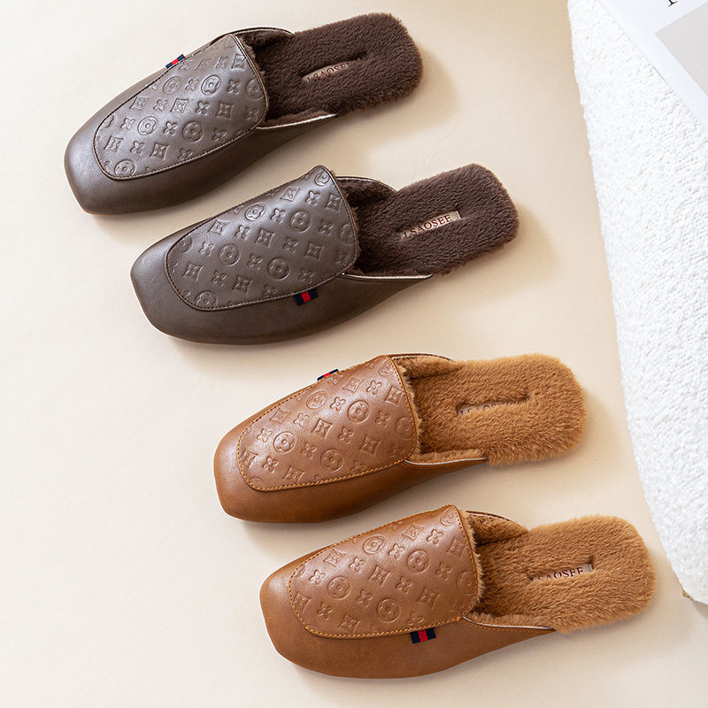 秋冬季轻奢女压花包头家居室内新款保暖男加绒超纤皮欧货家用拖鞋,居家布艺,居家棉拖/棉鞋,淘宝优惠券,粉丝福利购,淘宝优惠卷
