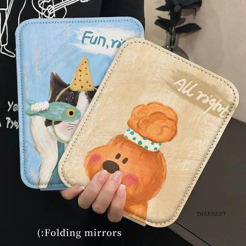 镜子化妆镜折叠超大号油画猫咪折叠镜加厚防摔办公室桌面镜子折叠