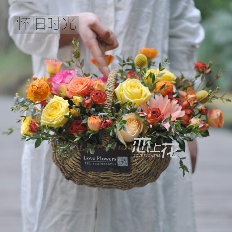 长沙武汉鲜花速递同城鲜花店粉玫瑰花手提鲜花篮母亲节情人节生日