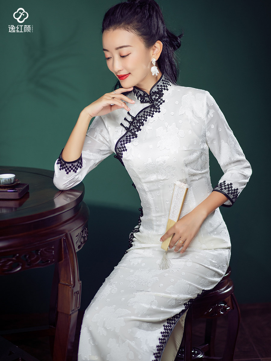 逸红颜青栀旗袍改良版连衣裙女雪纺提花七分袖长款旗袍复古旗袍风
