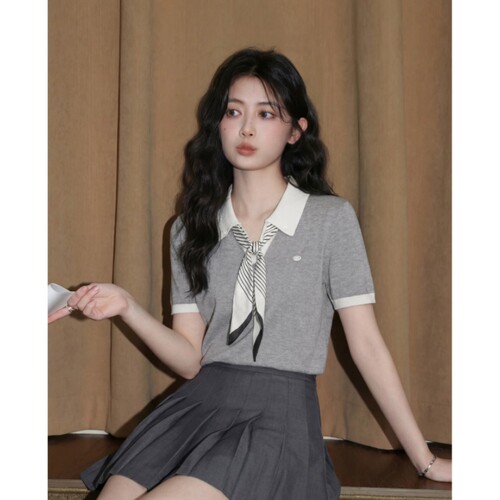 已出货 灰色冰丝短袖针织衫女夏26夏季丝巾领带独特漂亮miu系上衣