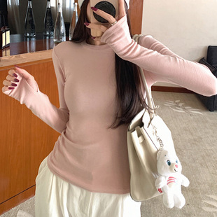 腈纶修身显瘦圆领长袖T恤秋冬指套款加绒紧身内搭打底衫女上衣