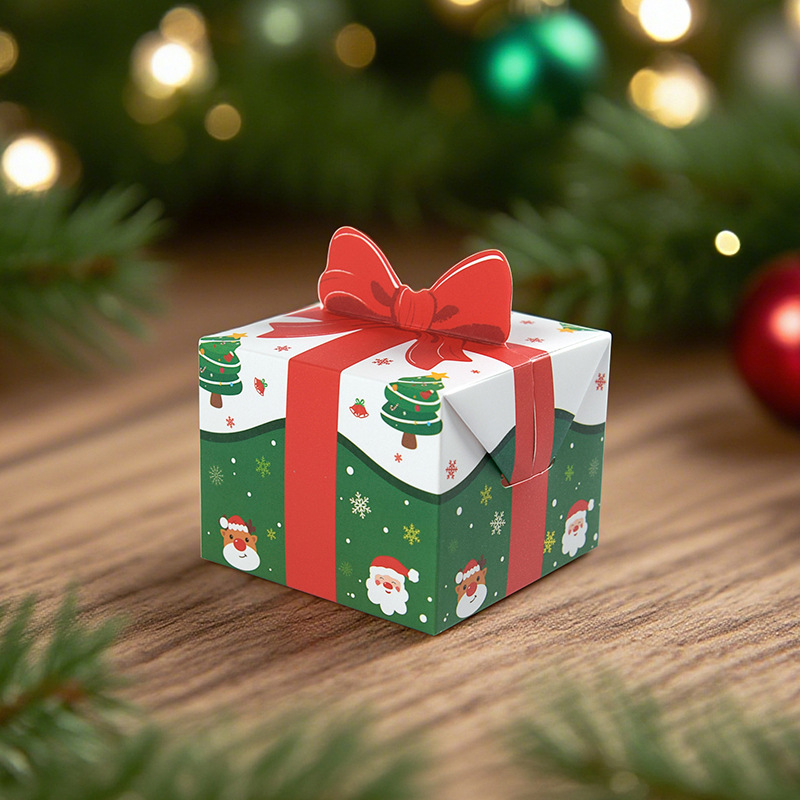 卡通可爱圣诞立体红色蝴蝶结糖果盒方形折叠礼品盒子10pcs/包