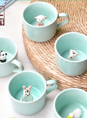 手绘3D立体动物咖啡杯外销陶瓷杯马克杯青瓷茶水杯
