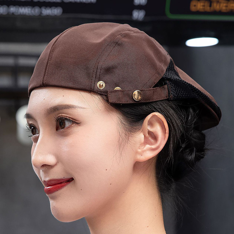餐饮工作帽子定制logo男女厨房防油烟可调节服务员透气厨师贝雷帽