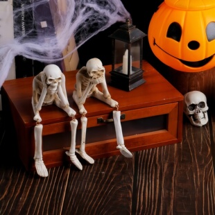 万圣节跨境骷髅不听不说鬼节氛围摆件树脂骷髅骨架工艺装饰品
