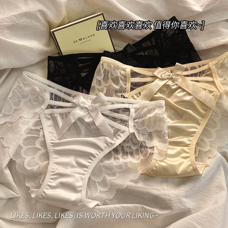 新品 法式缎面内裤女蕾丝蝴蝶结性感网纱透气轻柔少女中腰纯棉裆,女士内衣/男士内衣/家居服,女三角裤,淘宝优惠券,粉丝福利购,淘宝优惠卷