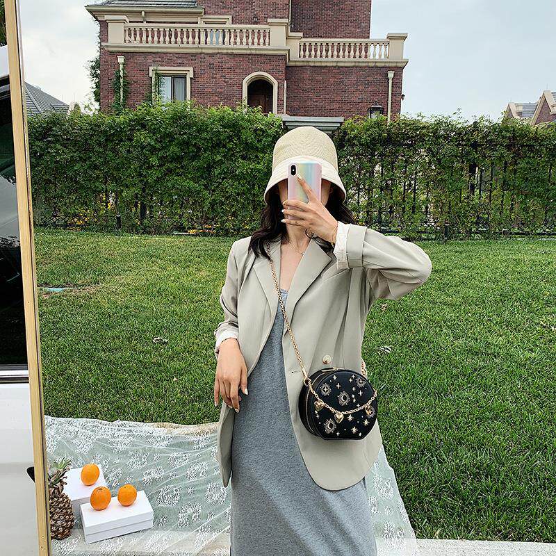 优选pu复古小圆包女2025法式感链条包时尚蓝色刺绣单肩斜挎包