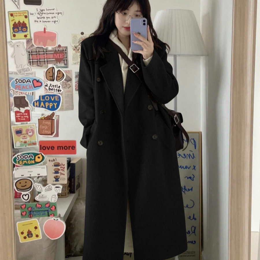 法式赫本风黑色毛呢大衣女