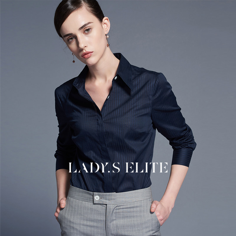 LadyS Elite 藏青色大尖领基础款衬衫纯棉通勤风条纹职业上衣女|ruв категории Женская одежда, рубашка - от Buy2taobao.com для оказания профессиональной услуги покупки агента Taobao