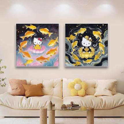 hellokitty凯蒂猫好运锦鲤装饰画客厅卧室卡通招财挂画好寓意壁画
