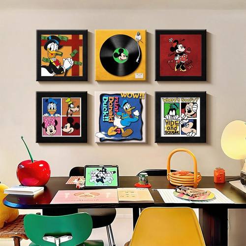 米奇多巴胺餐厅装饰画卡通趣味儿童房组合壁画中古风卧室床头挂画