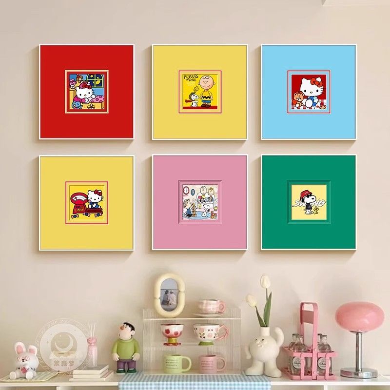HelloKitty儿童房卧室壁画多巴胺餐厅装饰画极简粉红色卡通摆挂画