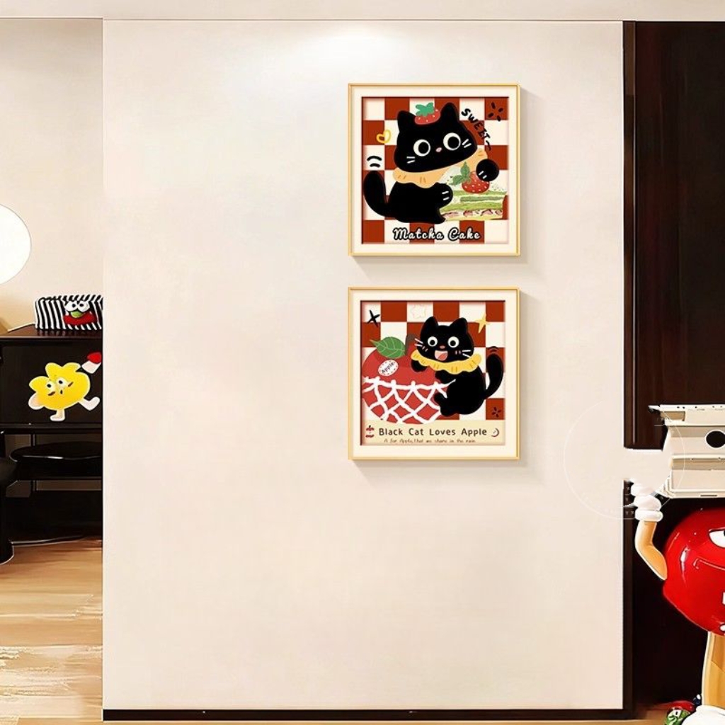 多巴胺猫咪餐厅装饰画卡通趣味客厅挂画奶油风儿童房卧室床头壁画图片