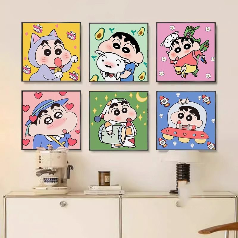 卡通蜡笔小新儿童房卧室装饰画客厅餐厅可爱创意客厅组合ins壁画图片