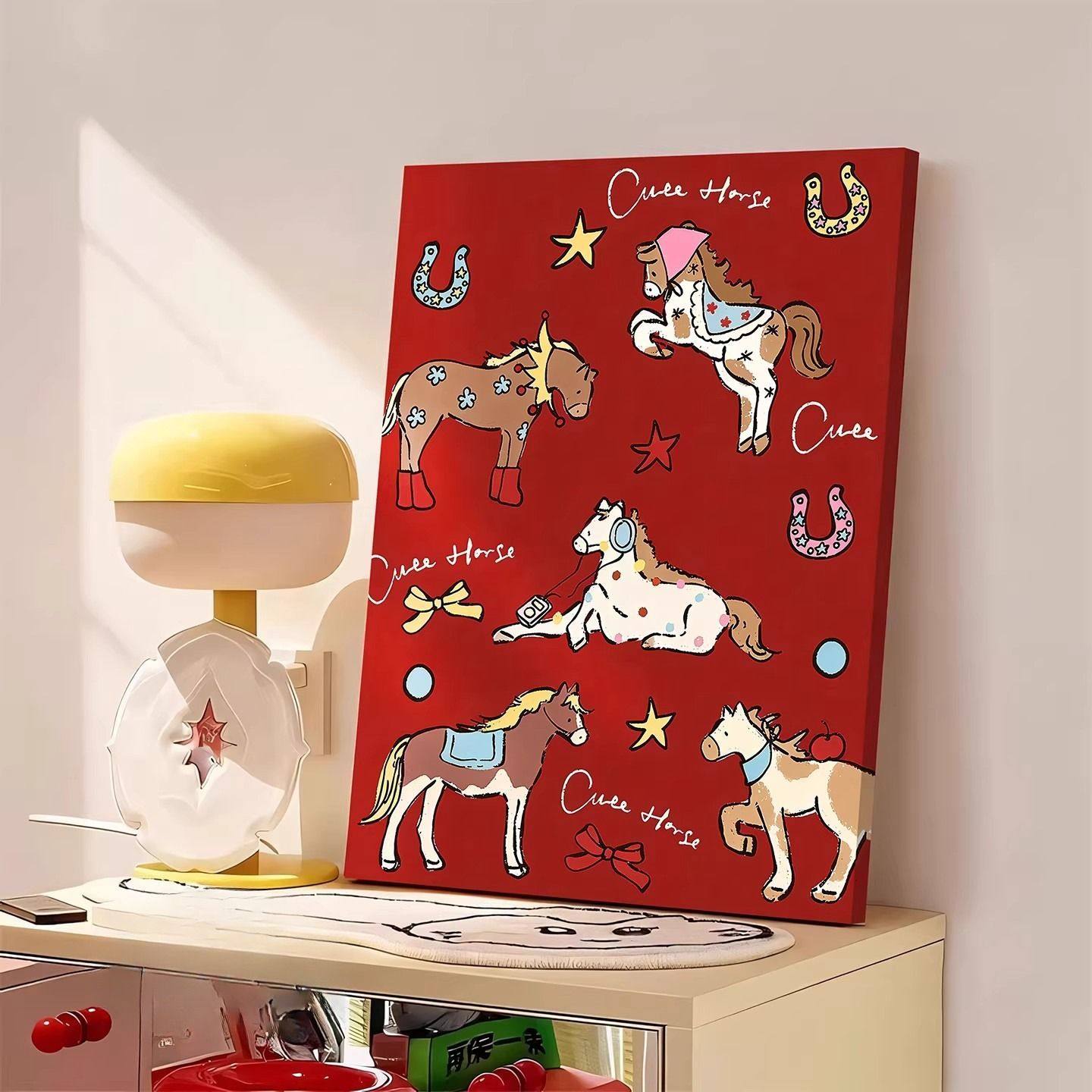 新年红色马年装饰画ins风小马挂画小众客厅卧室桌面摆画2026新款,家居饰品,现代装饰画,淘宝优惠券,粉丝福利购,淘宝优惠卷