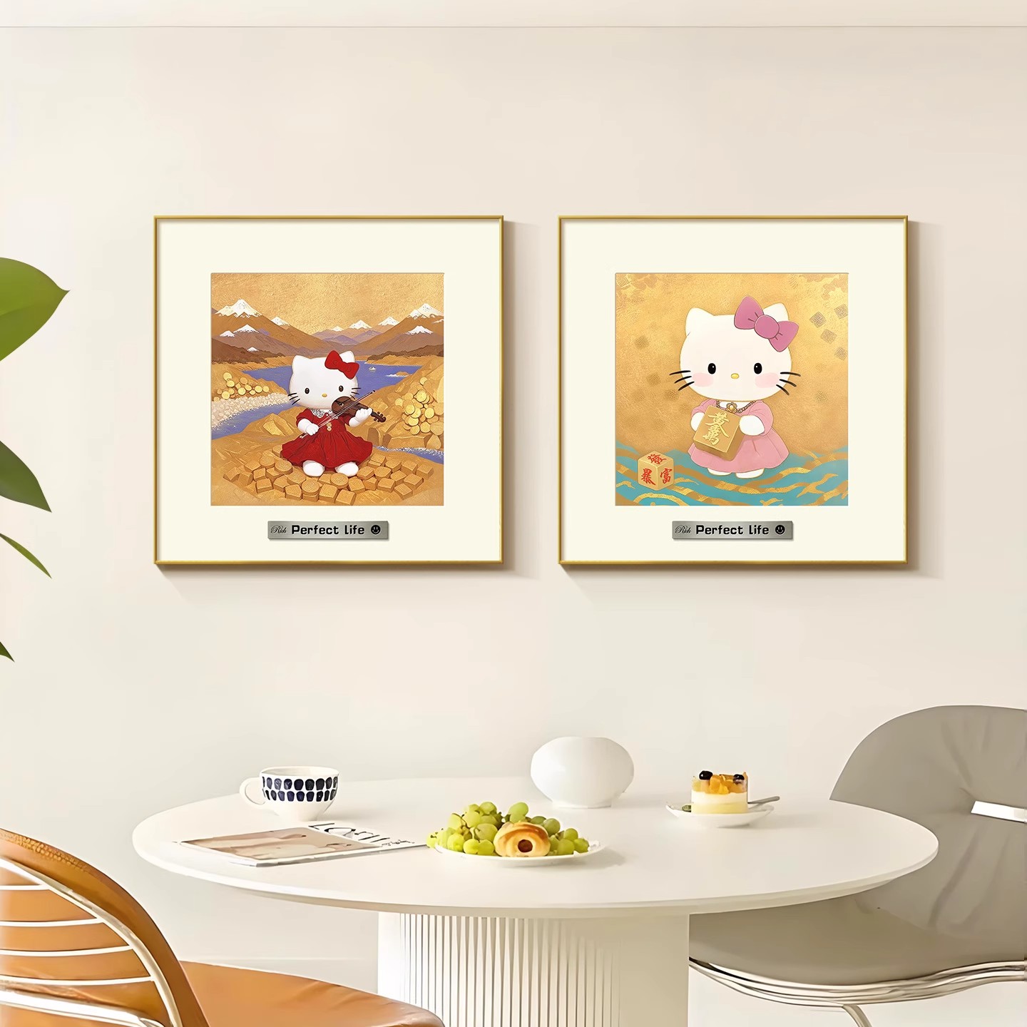 Kitty猫餐厅装饰画招财饭厅布置挂画高级感小众创意卡通发财壁画图片
