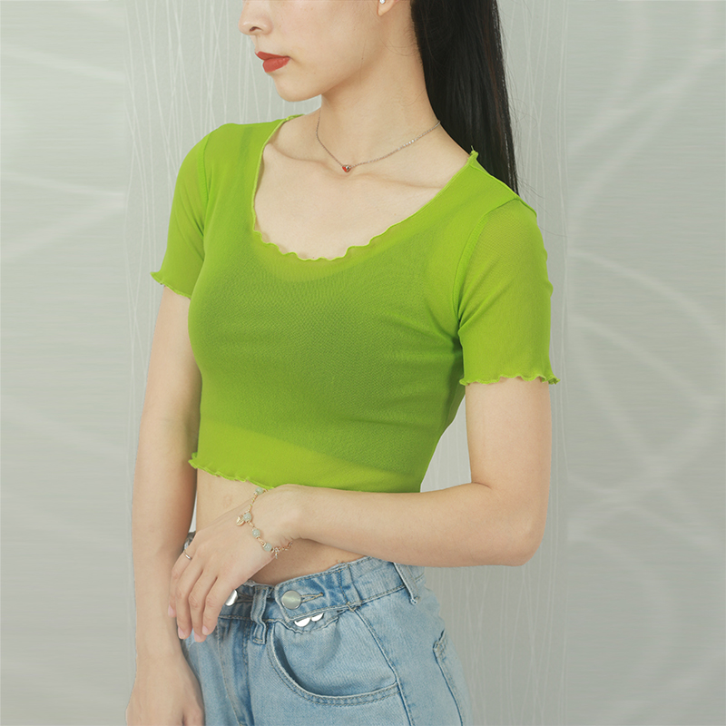 【伊不衣會】半截網(wǎng)紗衫打底女短款短袖透視透明性感夏罩衫內(nèi)搭薄