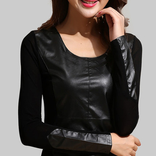 早秋打底衫女2021新款时尚大码显瘦女装拼接PU皮长袖网纱加绒上衣