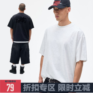 REDCHARCOAL红炭 竹节棉T恤男夏季做旧植绒印花短袖透气宽松上衣