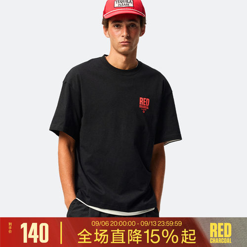 REDCHARCOAL红炭黑色吸湿速干短袖T恤男潮牌夏季宽松凉感防晒半袖