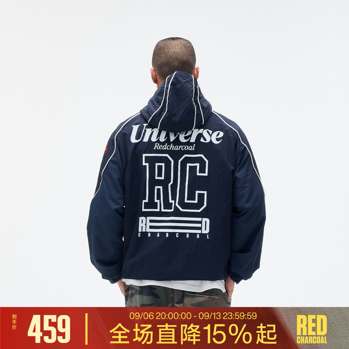 REDCHARCOAL红炭 f1赛车服夹克男秋季拼接连帽防风外套运动机车服