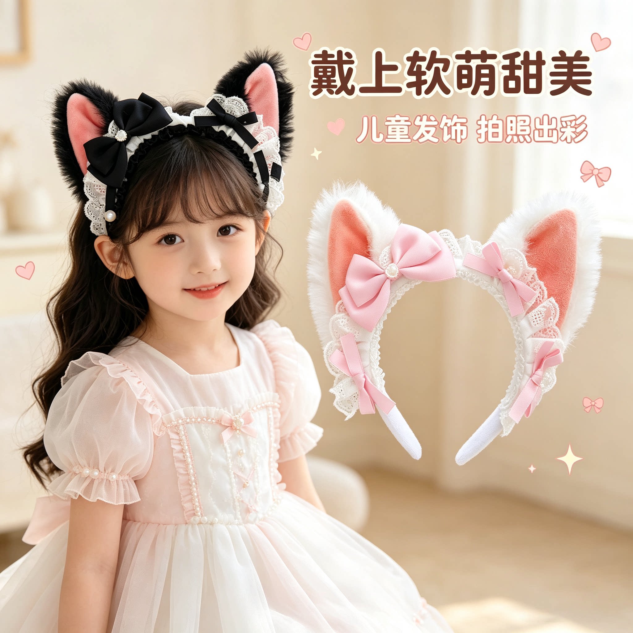 儿童毛绒猫耳朵发箍女童可爱甜美不勒头头饰拍照发饰头箍防滑碎发