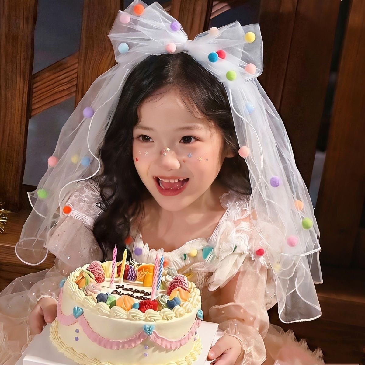 儿童头纱女童多巴胺亲子网红拍照道具头饰生日粉色女宝宝公主皇冠图片