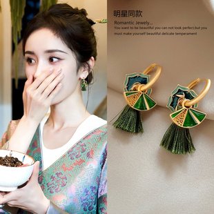 国潮珐琅滴釉扇子耳环女小众设计高级感耳钉古风轻奢耳饰品 新中式