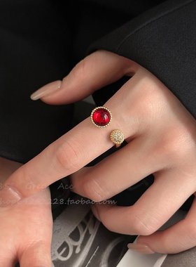法式复古红色水钻满锆戒指女轻奢高级感指环小众精致开口食指戒子