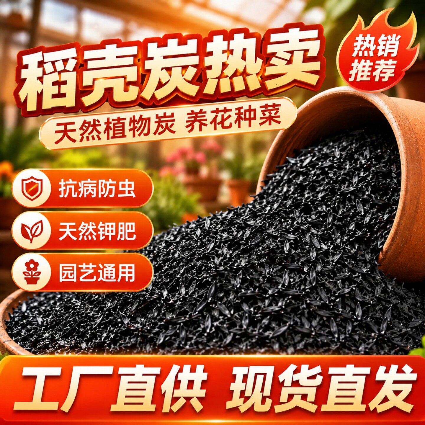 稻壳炭种菜有机肥料颗粒钾肥纯草木灰肥料稻壳碳土壤改良种花专用