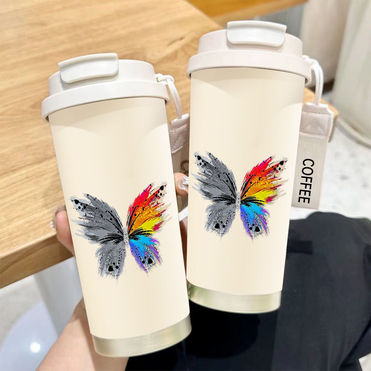 创意蝴蝶学生女吸管杯运动大容量保温杯车载水杯保冷杯双饮咖啡杯