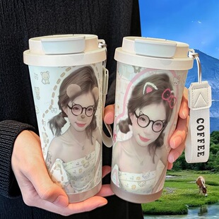 琴家kk网红美女周边保温杯学生吸管大容量316不锈钢车载咖啡杯