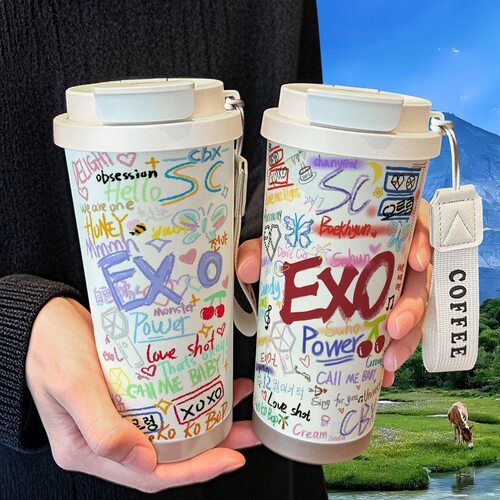 EXO应援涂鸦周边保温杯学生吸管大容量316不锈钢车载咖啡杯