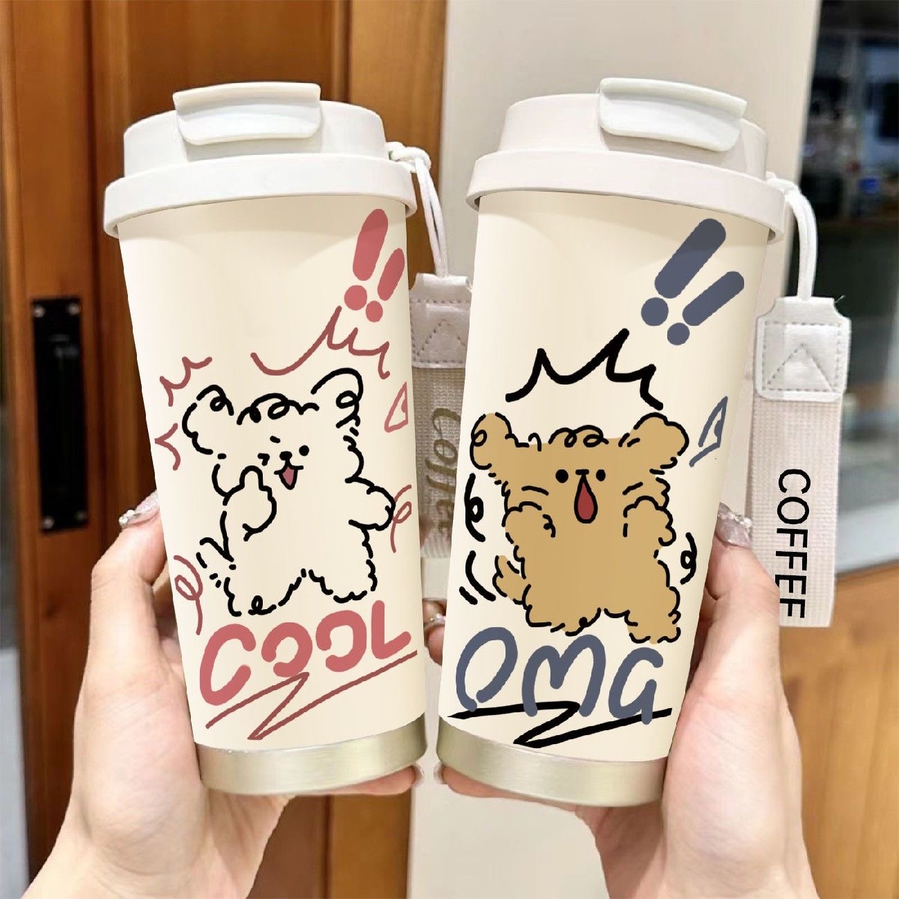线条小狗咖啡保温杯大容量吸管水杯便携随行杯子男女学生运动车载