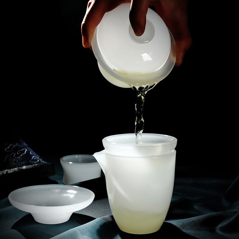 高端德化翡翠玉瓷茶具套装家用白瓷盖碗琉璃羊脂玉瓷茶杯茶壶茶洗