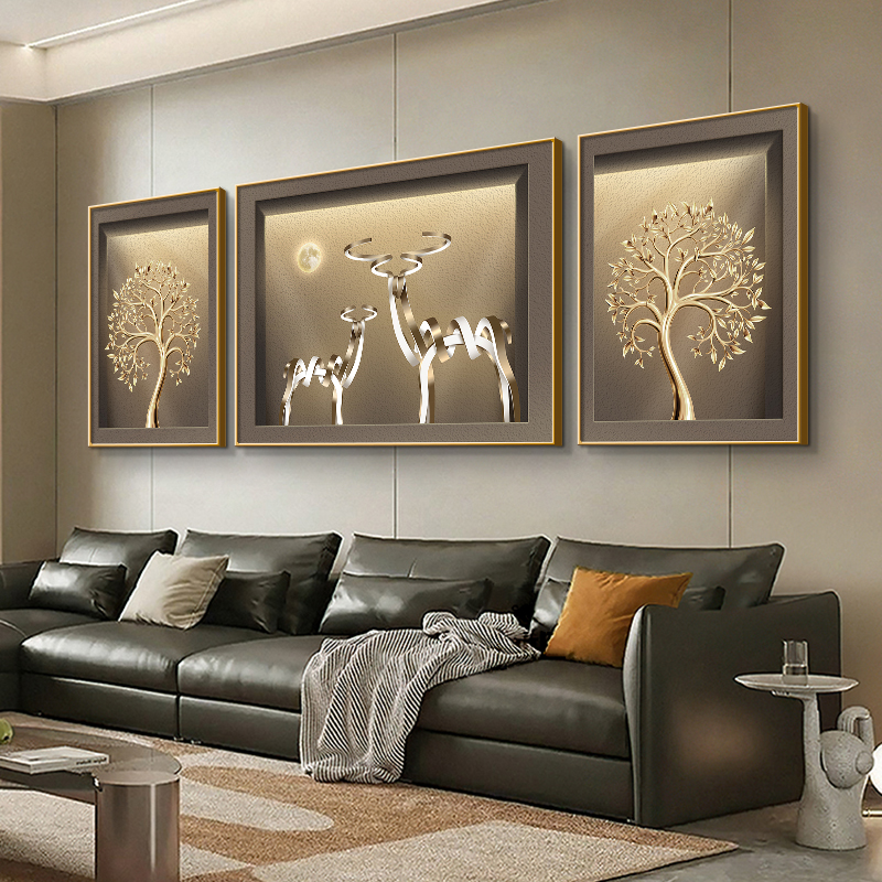发财树客厅装饰画高级现代沙发背景墙抽象麋鹿挂画轻奢高档三联画图片