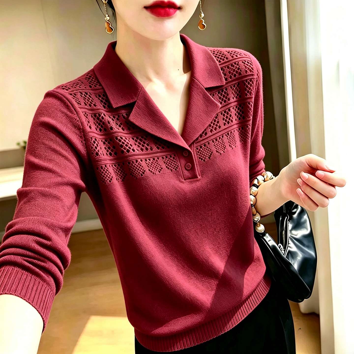 韩版西装领镂空长袖针织衫女秋冬