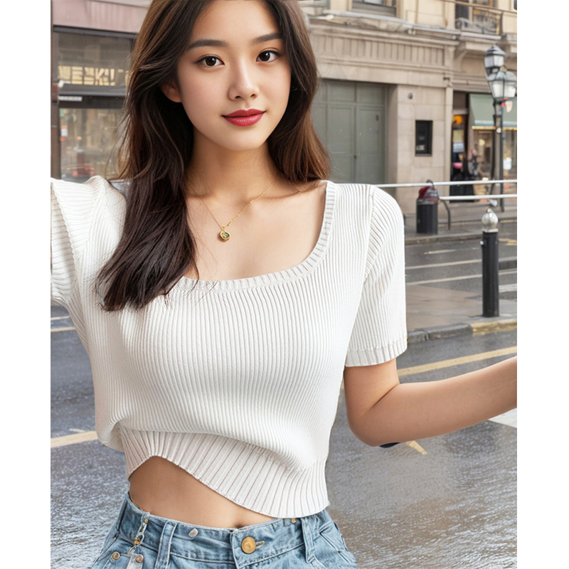 大码白色正肩短袖t恤女夏季新款胖mm方领短款针织衫冰丝薄款上衣