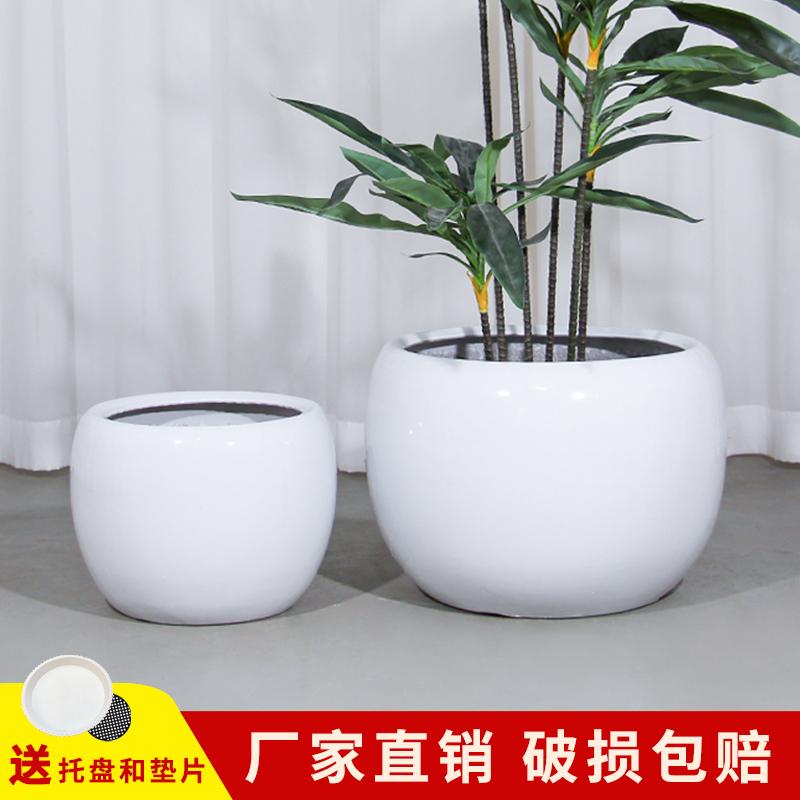 简约绿植陶瓷花盆落地圆球形装饰盆特大号天堂鸟阳台客厅专用白色