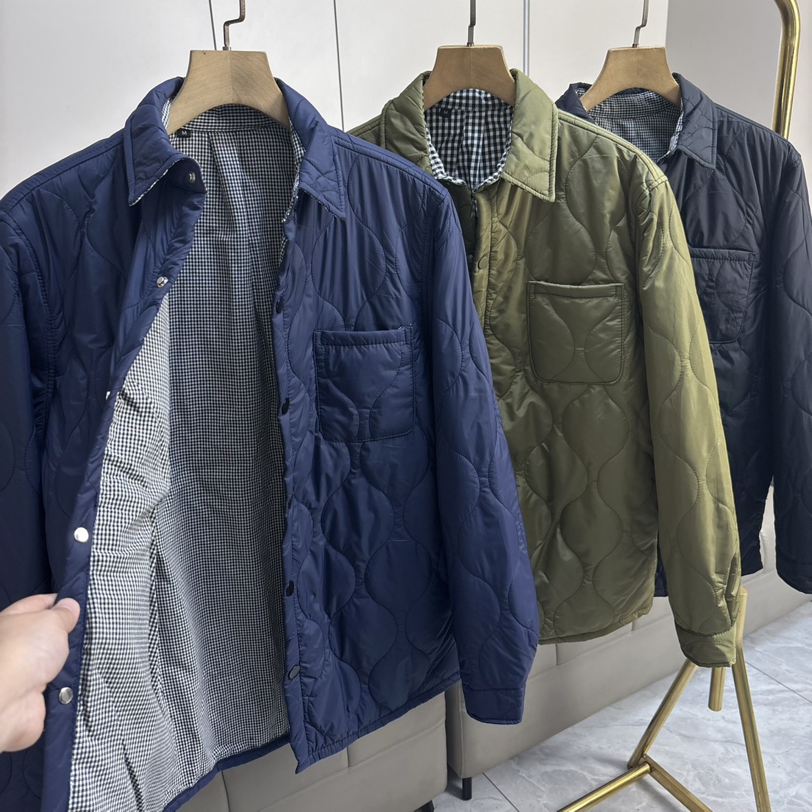 日系复古绗缝菱形格纯色经典秋冬季青年潮男士薄款翻领棉衣外套