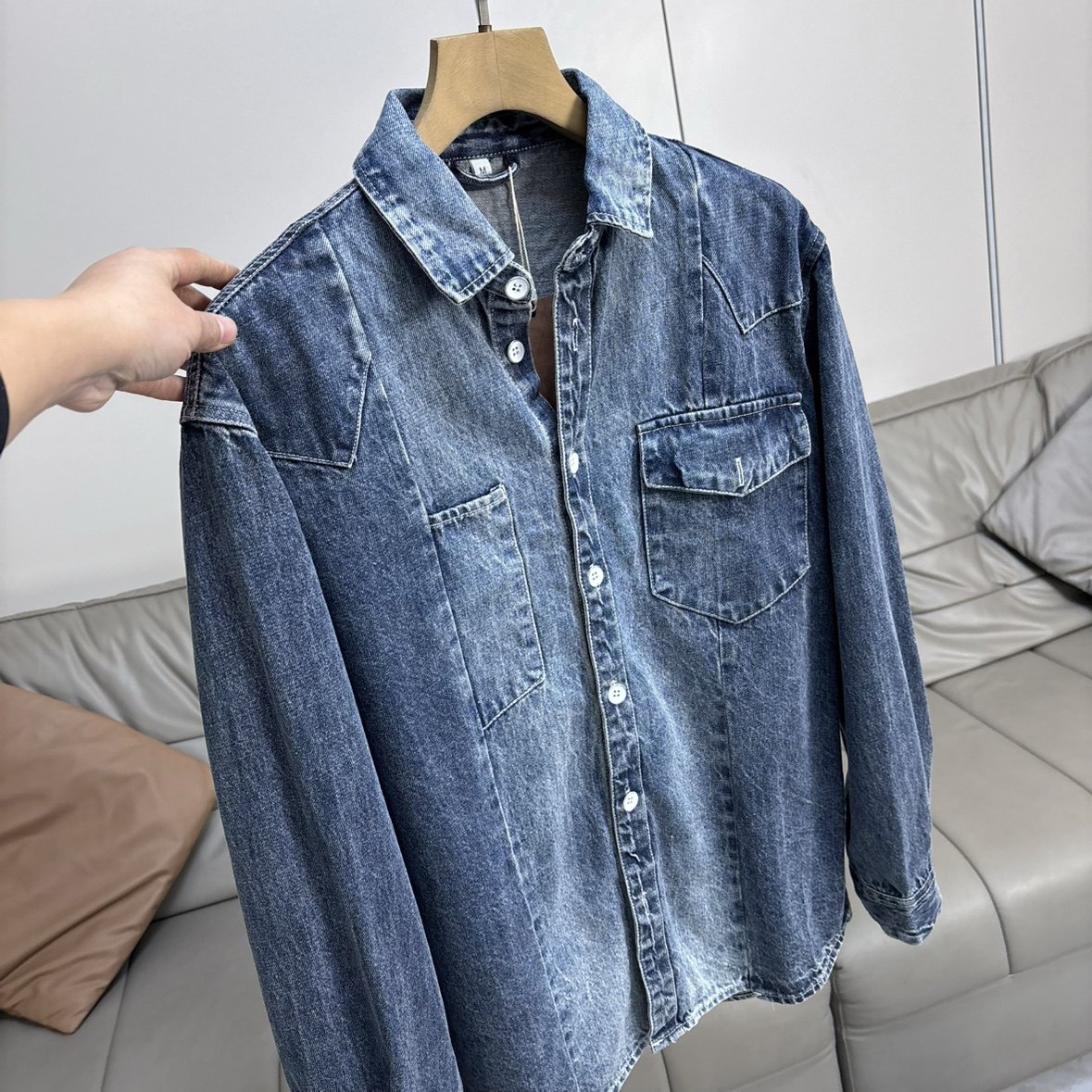 重水洗复古做旧全棉牛仔衬衫男士春秋双口袋工装长袖翻领衬衣外套