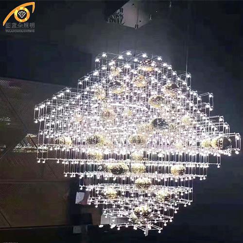 售楼部酒店大堂大型吊灯沙盘区不锈钢光立方吊灯厂家非标灯具