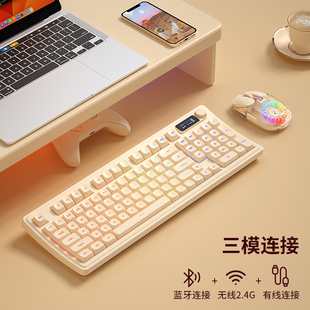 BOW 女生办公电脑人体工学 小翘三模充电无线蓝牙键盘有线键鼠套装