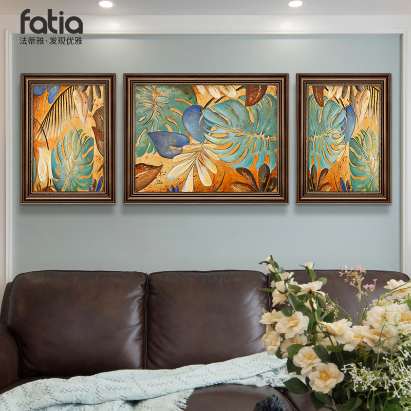 美式沙发背景墙装饰画客厅挂画花卉壁画复古油画欧式三联画肌理画图片