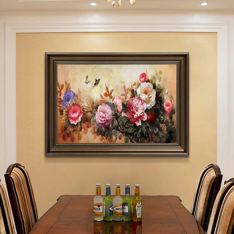 牡丹花开富贵美式餐厅装饰画背景墙壁画饭厅欧式挂画复古手绘油画图片