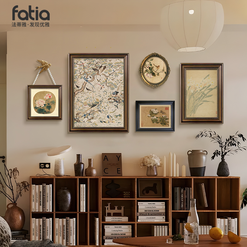 法式中古风客厅装饰画复古沙发背景墙高级感餐厅组合挂画花鸟壁画