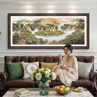 鎏金浮雕聚宝盆山水画客厅挂画靠山图西墙聚财沙发背景墙装饰画