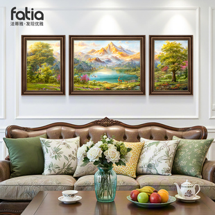 山水画客厅挂画手绘油画美式沙发背景墙装饰画欧式三联高级感壁画